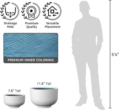 Kante 17.7 Inch Dia Concrete Bowl Planter, Large Tapered Bottom Plant Pot with Drainage, Smooth White Finish with Aqua Blue Interior, Ideal for Porch, Home, Garden, Patio
