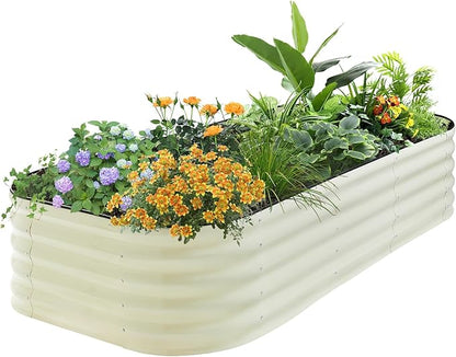 17" Tall 8x2ft Oval White Metal Planter Box for Outdoor Gardening 9-in-1 Modular Galvanized Raised Garden Bed, Heavy Duty Flower Beds, Porch Planters & Expandable Garden Beds Outdoor