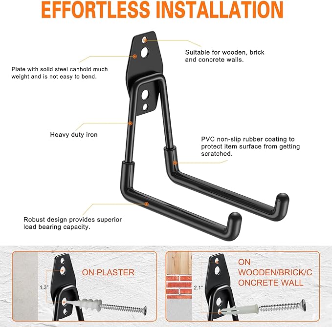 HUPBIPY Heavy Duty Garage Hooks 8 Pack, 7.7 inch U Shaped Long Hanger, Wall Mounted Storage System, Power and Garden Tool Organizer, for Hanging Ladders, Bikes, Hose, Bulk Items and More