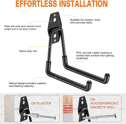 HUPBIPY Heavy Duty Garage Hooks 8 Pack, 7.7 inch U Shaped Long Hanger, Wall Mounted Storage System, Power and Garden Tool Organizer, for Hanging Ladders, Bikes, Hose, Bulk Items and More