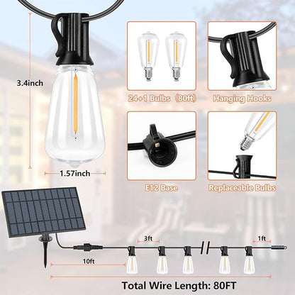 Bosceos Solar Outdoor String Lights Waterproof, 80FT Solar Powered String Lights for Outside with Shatterproof Bulbs, Dimmable ST38 LED Lights String, Patio Hanging Lights for Backyard Garden Party