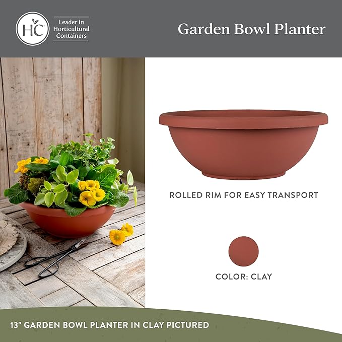 The HC Companies 20 Inch Shallow Garden Bowl Plant Pot with Drainage, Lightweight UV-Resistant Plastic Planters for Succulents, Herbs & More, 2-Pack Planters for Indoor Outdoor Home Decor, Clay