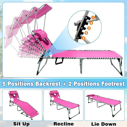 Outdoor Tanning Chair with Sun Canopy Shade & Face Hole, Folding Lounge Chair with Beach Table and Carry Bag for Poolside Sunbathing Lawn