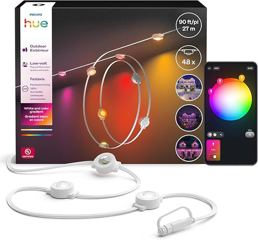 Philips Hue Festavia 90ft Permanent Outdoor String Lights, 48 Dimmable Lights, 55 Lumens Each, Weatherproof, Water-Resistant, White Wire, Color Ambience, Bridge Required