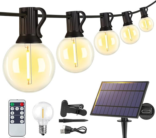 25FT Solar String Lights Outdoor with Remote, Waterproof Dimmable 3 Modes Patio Lights with 10+1 LED Shatterproof G40 Bulbs for Backyard-Black
