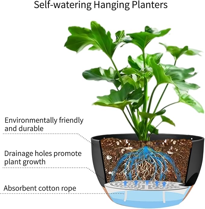12 inch Hanging Planters for Indoor Outdoor Plants, 2 Pack Self Watering Hanging Planter with Drainage Holes and Saucer, Plastic Hanging Flower Pots with Chains for Kitchen, Balcony, Garden