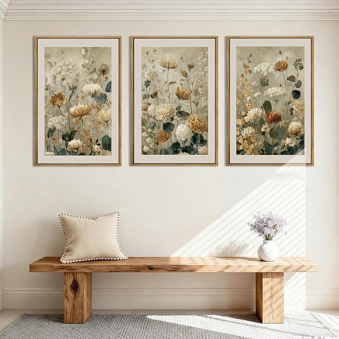 Anyzal Large Neutral Wildflower Farmhouse Framed Wall Art 16x24 Inch Vintage Floral Canvas Wall Decor Olive Botanical Art Prints for Living Room Bedroom Dining room