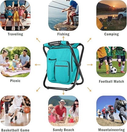 Kikerike Backpack Stool Cooler Chair Heavy Duty 300 LBS Max Load Portable Lightweight Stool Backpack Folding Fishing Cooler Seat for Camping Hunting Fishing - Blue-Green
