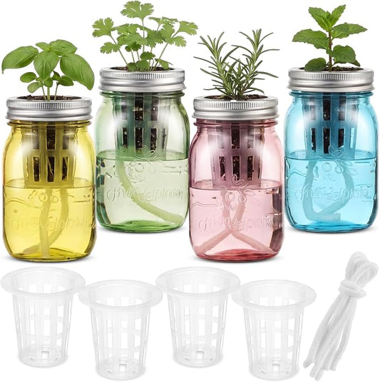 4 Set Colored Hydroponic Mason Garden Jar Bulk 16 oz Self Watering Herb Hydroponic Planter Kit with Planting Baskets Absorbent Cores for Indoor Herb Windowsill Garden Flower Grow Germination
