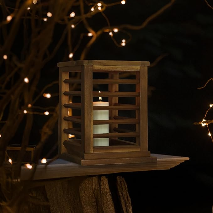 Premium 11.5" H Lantern Decorative Indoor & Outdoor - Large Wooden Candle Lantern & Plant Stand for Holiday Decor, Farmhouse, Patio, Table | Golden Teak Finish