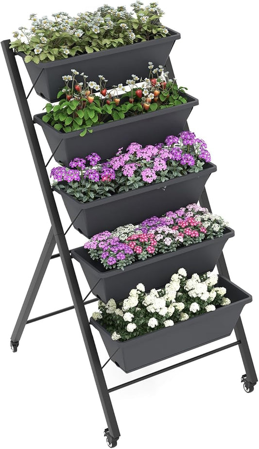 Vertical Garden Bed with Wheels, 5 Tier Raised Garden Bed w/Removable Planter Boxes, Lockable Wheels, Drainage Holes, Rolling Vertical Planter for Herb Vegetable Flower, Outdoor Patio Balcony