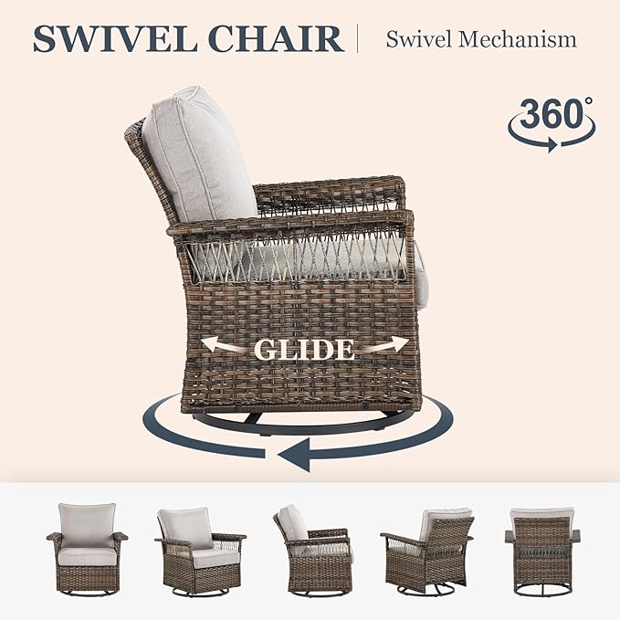 Patio Furniture Set 2 Wicker Swivel Glider Chairs Sofa with PE Rattan Coffee Table Brown Wicker Beige Cushions Patio Conversation Set 4pcs for Garden Balcony Sunroom Backyard