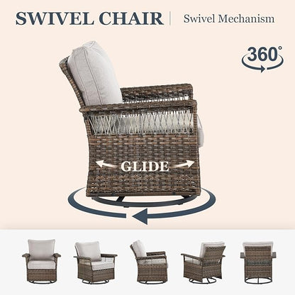 Patio Furniture Set 2 Wicker Swivel Glider Chairs Sofa with PE Rattan Coffee Table Brown Wicker Beige Cushions Patio Conversation Set 4pcs for Garden Balcony Sunroom Backyard