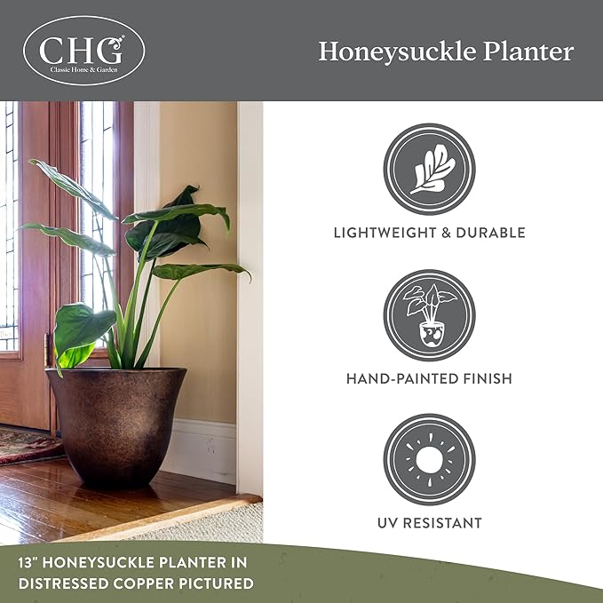 Classic Home and Garden by Growscape Honeysuckle Resin Planters - Lightweight Indoor & Outdoor Plant Pots - UV-Resistant Plastic Flower Pots - Pot Planters for Flowers & Herbs (15" Zinc Grey)
