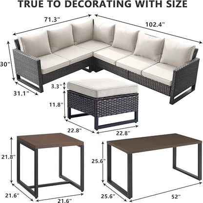 HUMMUH 8 Piece Patio Furniture All Weather 6-Seater Outdoor Sectional Sofa with Patio Swivel Chairs and Outdoor Chairs Ottomans for Porch,Garden,Backyard,Deck(Brown/Beige)
