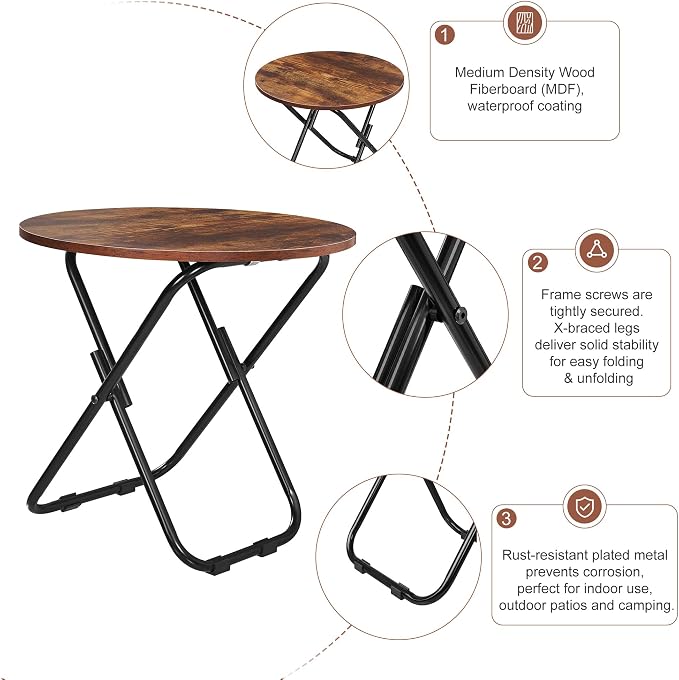 VECELO Patio Outdoor Side Table Set of 2,17.7 inch Small Folding Table Round Waterproof Wood Table,Foldable Anti-Rust Metal Legs Snack Desk for Garden Balcony,Yard,Living Room
