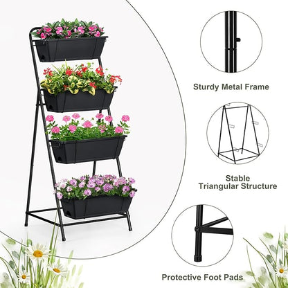 Vertical Garden Planter 4 Tier Planters for Outdoor Plants Vertical Raised Garden Bed with Drainage Holes Herb Garden Planter Outdoor Indoor Patio Yard Balcony (Black)