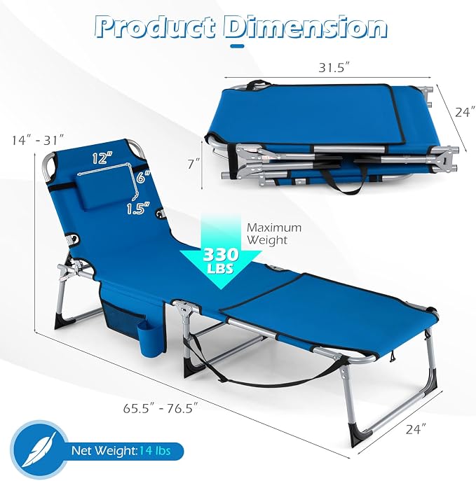 GYMAX Tanning Chair, 330LBS Beach Lounge Chair with Face Arm Hole & Hand Shoulder Strap, Folding Layout Sunbathing Chair, Face Down Outdoor Chaise Lounger for Patio, Poolside, Lawn, Backyard (2, Blue)
