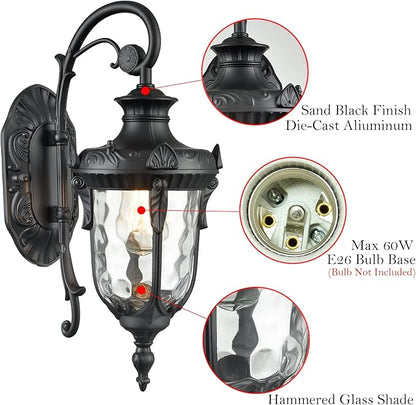 SAMTEEN Black Outdoor Wall Light Fixtures Modern Farmhouse 1-Light Outdoor Wall Sconce with Hammered Glass Wall Lantern Light for Porch Garage Courtyard, 16-Inch