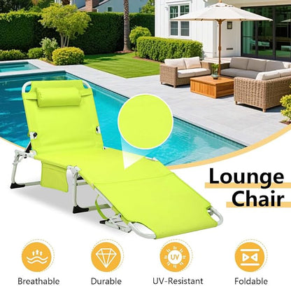 HRVEOCEI 3-in-1 Sun Tanning Chair with Face Hole,Adjustable 5-Position Folding Laying Out Chairs for Tanning,Outdoor Face Down Beach Lounger Sun Bathing Lounge Chair for Pool Deck Patio (Green)