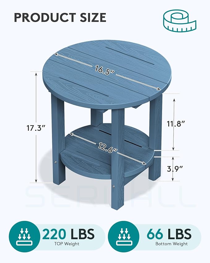 SERWALL Round Outdoor Side Table, HDPE Small Adirondack End Table,2-Tier Patio Side Table for Backyard Pool Porch Garden Lawn, Navy
