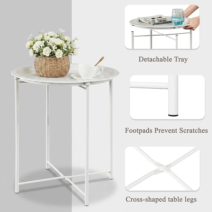 VECELO Side/End Table, Folding Round Metal Anti-Rust and Waterproof Outdoor or Indoor Tray for Living Room Bedroom Balcony and Office, 2 PCS, Beige