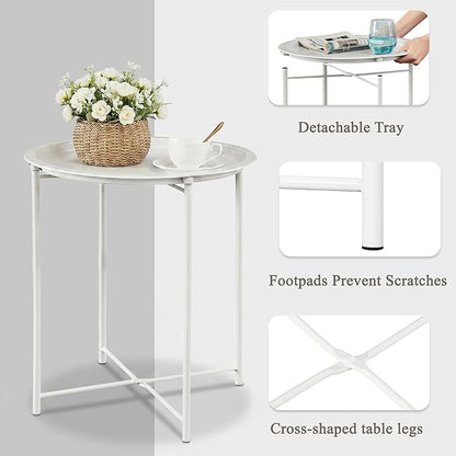 VECELO Side/End Table, Folding Round Metal Anti-Rust and Waterproof Outdoor or Indoor Tray for Living Room Bedroom Balcony and Office, 1 PCS, Beige