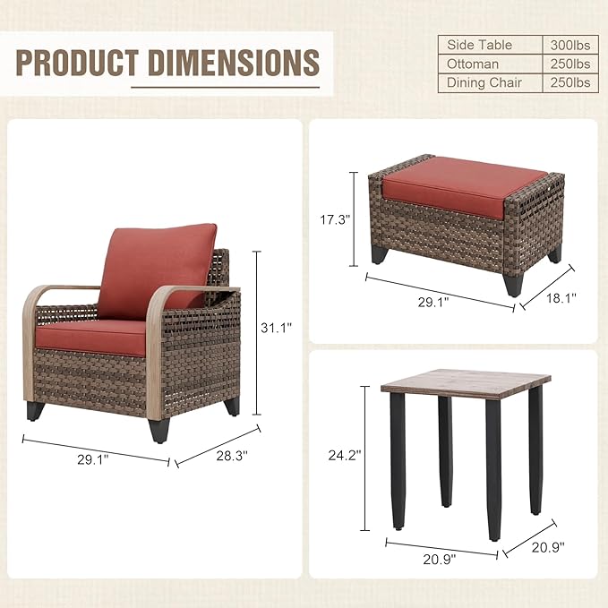 Modern Wicker Bistro Table and Chairs Set, Rattan Outdoor Bistro Set with Patio Chairs, Ottomans & Table, 5 Pieces, Brown/Red
