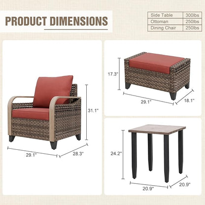 Modern Wicker Bistro Table and Chairs Set, Rattan Outdoor Bistro Set with Patio Chairs, Ottomans & Table, 5 Pieces, Brown/Red