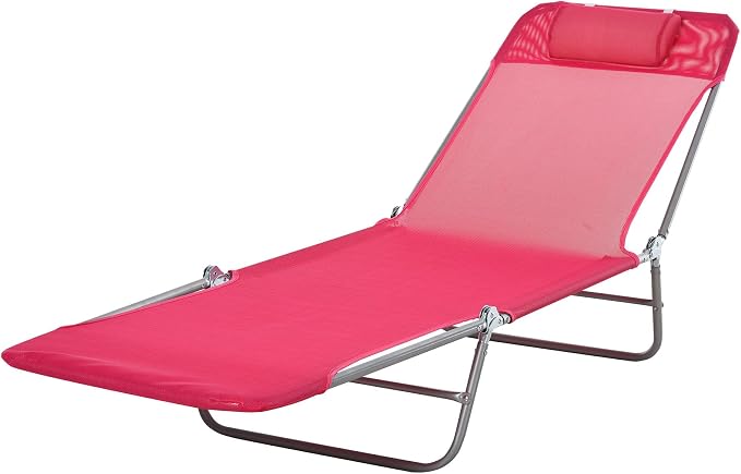 Outdoor Chaise Lounge with Detachable Pillow, Reclining Folding Chair with 5-Position Adjustable Back, Portable Tanning Chair For Beach, Pool, Lawn, Breathable Mesh Seat, No Assembly (Pink)