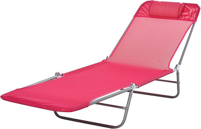 Outdoor Chaise Lounge with Detachable Pillow, Reclining Folding Chair with 5-Position Adjustable Back, Portable Tanning Chair For Beach, Pool, Lawn, Breathable Mesh Seat, No Assembly (Pink)