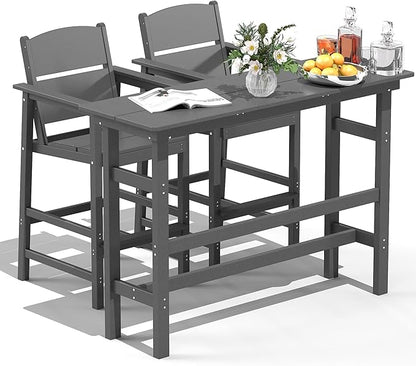 FOOWIN 3 Piece Outdoor Bar Height Table and Chairs, All Weather HDPE Patio Bar Set Outdoor Bistro Set,Adirondack Bar Chairs Set of 2 Outdoor Furniture for Bistro, Poolside, Backyard Grey