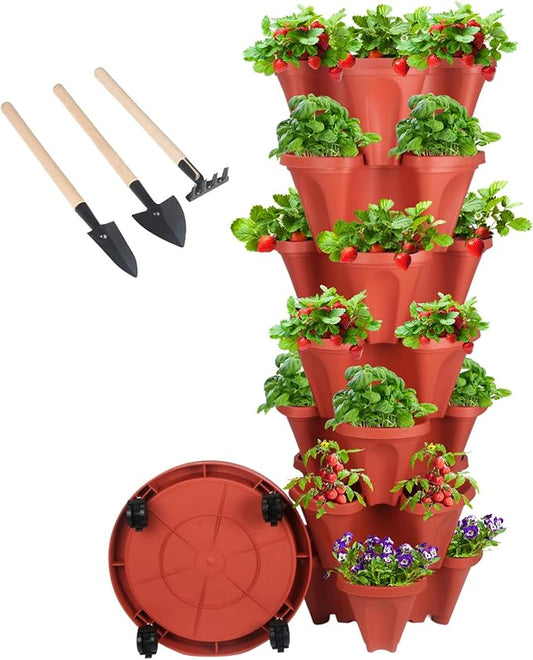 GameXcel Vertical Planter Tower- 7 Tier Stackable Garden Planter with Wheels and Tool Set – Grow Strawberries Herbs Flowers and Vegetables - Indoor Outdoor Use Red