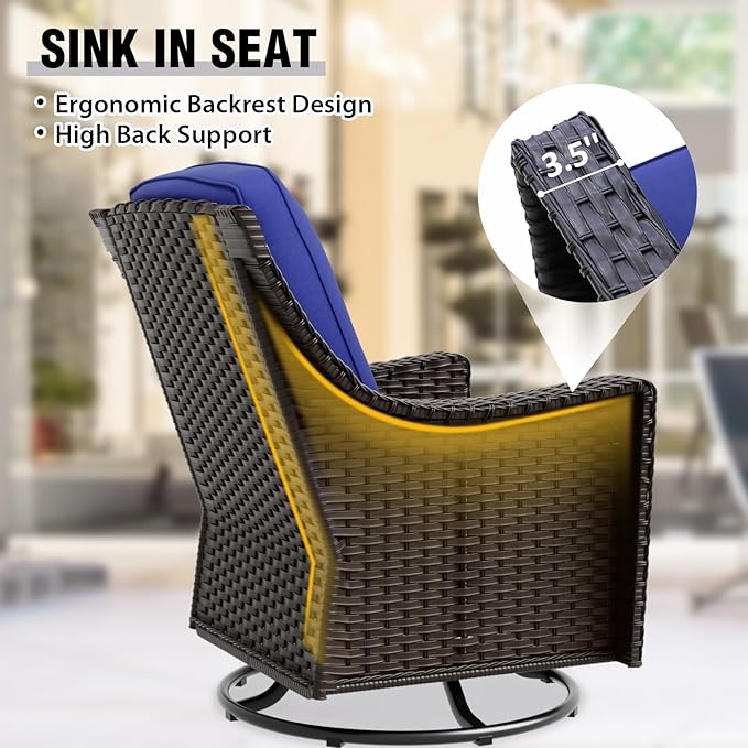 COOS BAY Stone Harbor Patio Bistro Set, 3 Piece Rattan Patio Table and Chairs Set, Wicker Swivel Rockers with Side Table, Small Balcony Furniture Set, Brown/Blue