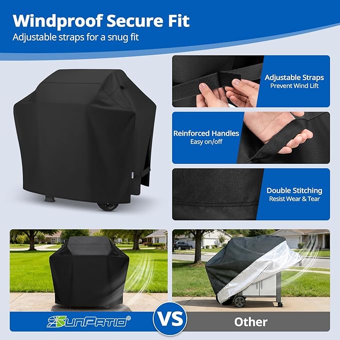 SunPatio Grill Cover 50 Inch, Outdoor Heavy Duty Waterproof Barbecue Gas Cover, UV & Fade Resistant, All Weather Protection Compatible for Weber CharBroil Kenmore Nexgrill Grills and More, Black