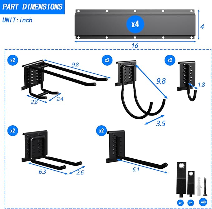 CBWLWJ 64'' Garage Tool Organizer Wall Mount - Heavy Duty 680 lbs Capacity Tool Rack with 10 Adjustable Hooks, Wall Mounted Storage System for Garage, Shed, Workshop (Black)