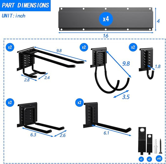 CBWLWJ 64'' Garage Tool Organizer Wall Mount - Heavy Duty 680 lbs Capacity Tool Rack with 10 Adjustable Hooks, Wall Mounted Storage System for Garage, Shed, Workshop (Black)