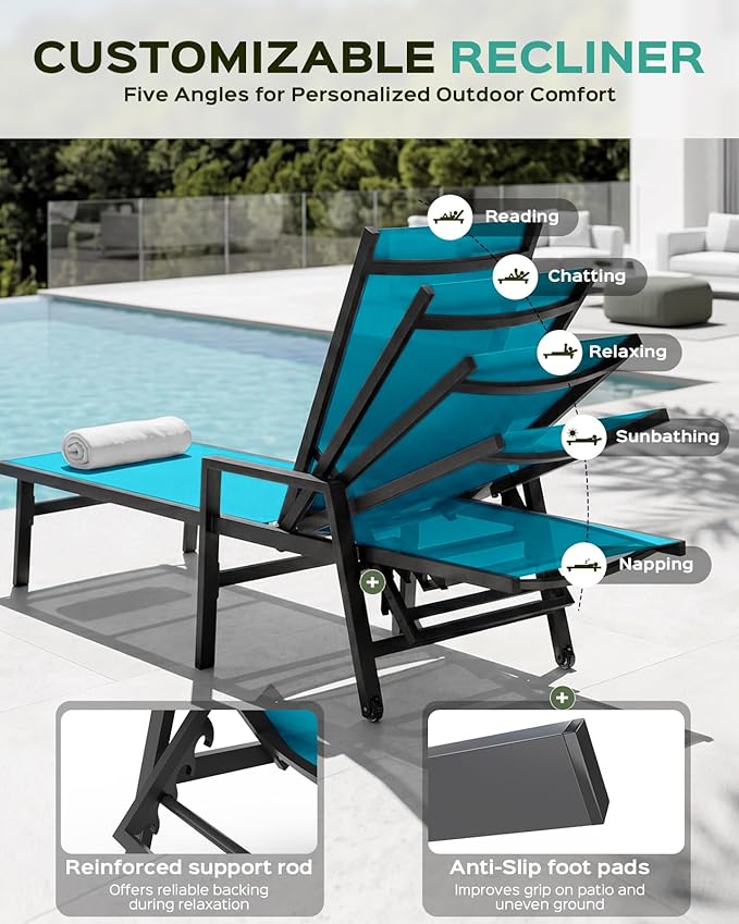 Vexwalx Patio Chaise Lounge Chair Outdoor with Wheels&Armrests, Aluminum Pool Lounge Chairs 5-Position Adjustable Recliner, Outdoor Beach Lounge Chairs for Outside, Patio, Deck, Yard, Lake Blue