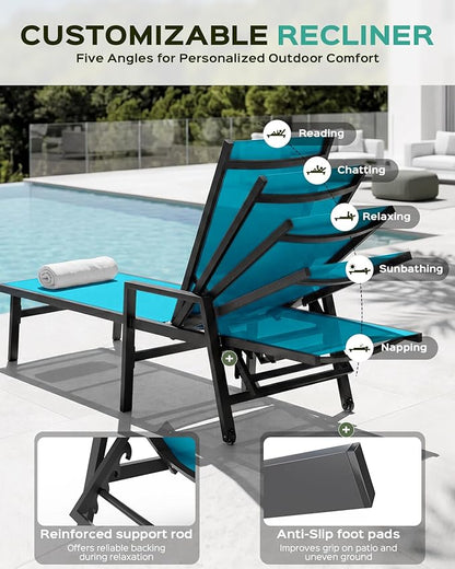 Vexwalx Patio Chaise Lounge Chair Outdoor with Wheels&Armrests, Aluminum Pool Lounge Chairs 5-Position Adjustable Recliner, Outdoor Beach Lounge Chairs for Outside, Patio, Deck, Yard, Lake Blue