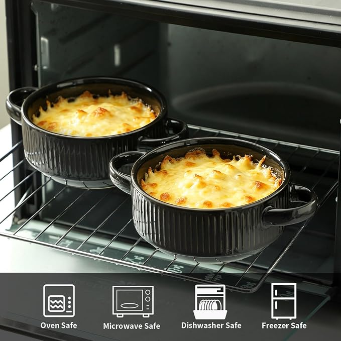 Soup Bowls with Handles, 23 oz French Onion Soup Crocks, Stackable Soup Bowl Oven Safe for Chili, Beef Stew, Embossment Ceramic Bowl Set - 5.4 Inch, Set of 4,Black