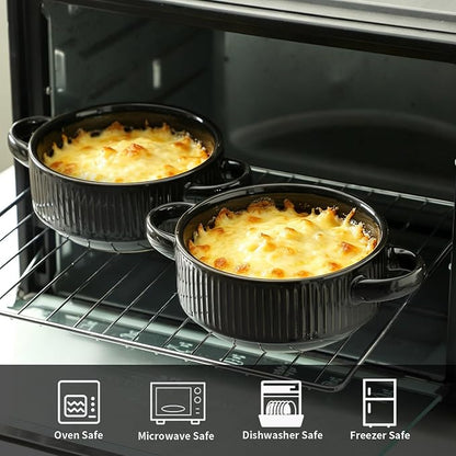 Soup Bowls with Handles, 23 oz French Onion Soup Crocks, Stackable Soup Bowl Oven Safe for Chili, Beef Stew, Embossment Ceramic Bowl Set - 5.4 Inch, Set of 4,Black