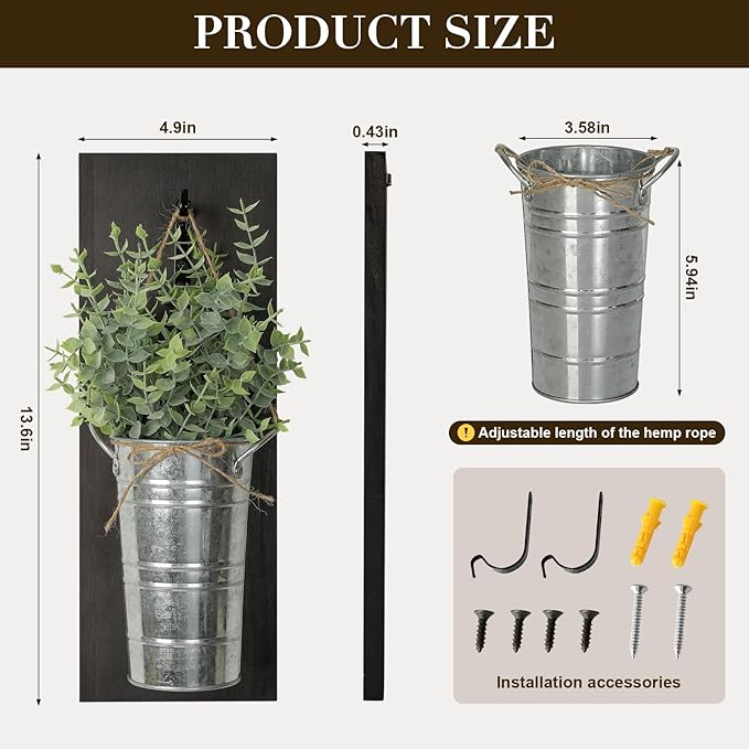 SHOHAYTO Farmhouse Wall Decor Set of 2 - Wood Hanging Planters with Artificial Eucalyptus, Rustic Vertical Pocket Vases for Bathroom Kitchen, Indoor Greenery Decor