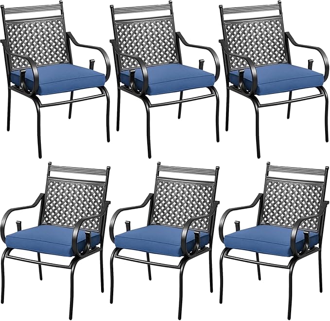 MELLCOM Patio Dining Chairs Set of 6, Heavy Duty Outdoor Dining Chairs with Armrests and Cushions, Iron Metal Patio Chairs for Outside, Garden Lawn & Porch, Backyard, Blue
