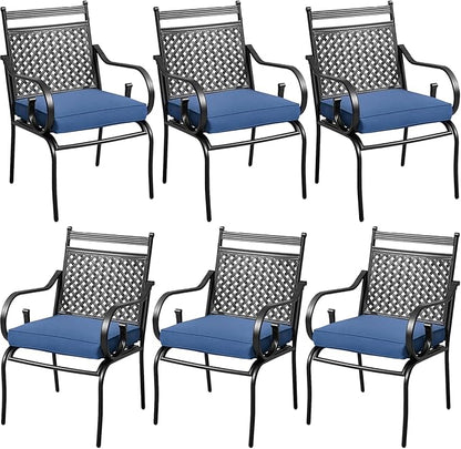 MELLCOM Patio Dining Chairs Set of 6, Heavy Duty Outdoor Dining Chairs with Armrests and Cushions, Iron Metal Patio Chairs for Outside, Garden Lawn & Porch, Backyard, Blue