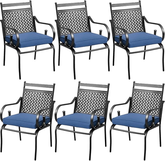 MELLCOM Patio Dining Chairs Set of 6, Heavy Duty Outdoor Dining Chairs with Armrests and Cushions, Iron Metal Patio Chairs for Outside, Garden Lawn & Porch, Backyard, Blue