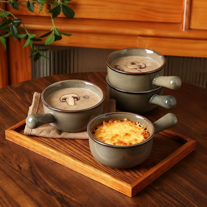 MONITO 16 Oz French Onion Soup Bowls, Ceramic Soup Bowls with Handles, Stackable Soup Crocks Oven Safe for Chili, Beef Stew, Cereal,Casseroles Microwave & Dishwasher Safe, Set of 4, Brown Green
