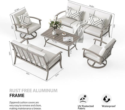 HAPPATIO 5 Piece Aluminum Patio Furniture Set, 7-Person Outdoor Swivel Chairs, Loveseat and 3-Seat Sofa, All-Weather Outdoor Sectional Sofa with Comfortable Cushions and Coffee Table(Gray)