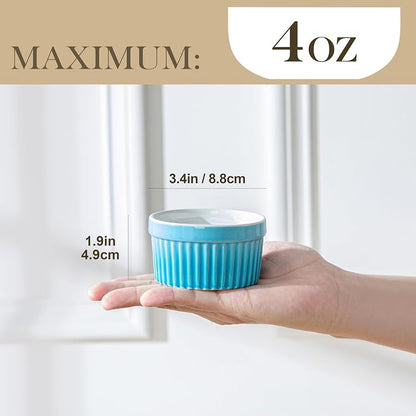 MALACASA Ramekins 4 oz Oven Safe, Small Ceramic Souffle Dishes for Creme Brulee Souffle, Stoneware Custard Cups Ramiken for Baking, Baking Bowls Dipping Sauce Dish Set of 6, Blue, Series RAMEKIN-DISH