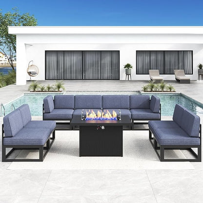LayinSun Large Aluminum Patio Furniture Set with Fire Pit Table, 9 Pieces Modern Outdoor Conversation Set Sectional Metal Sofa Set with Olefin Cushion