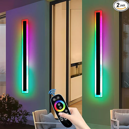 2 Pack RGB Modern Outdoor Wall Lights, 57inch Dimmable LED Wall Sconce Light with Remote Control, 10 Colors, 5 Modes, IP65 Waterproof Exterior Light Fixture for Porch, Patio, Garage